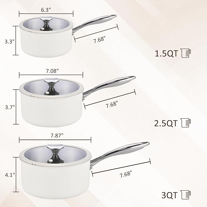 Tri-Ply Stainless Steel Sauce Pan Set with Lids 6PC, 1.5QT & 2.5QT & 3QT, Induction, PFOA Free, Dishwasher Safe,Sauce Pot, Cooking Pot, Tri-Ply Full Body