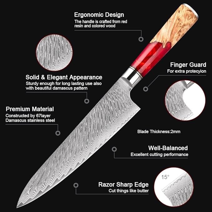 Epicurean Cook Damascus Kitchen Knife Set with VG10 Steel - 8-Piece Japanese Damascus Knife Set for Professional Performance - Ultra Sharp Chef Knives with Burl Wood Red Resin Handles