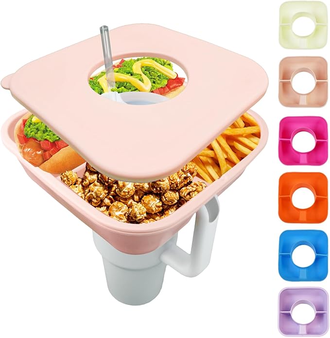 Snack Bowl for Stanley Cup 40 oz Tumbler Snack Tray Reusable Snacks Holder with Lid, Silicone Snack Trays for Stanley Cup Accessories (Light Pink)