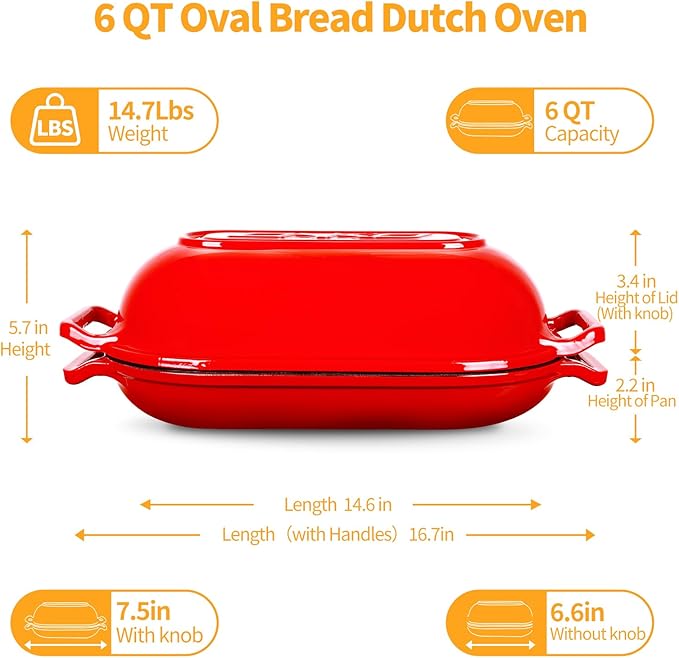 Oval Dutch Oven for Bread Baking, 6QT Enameled Cast Iron Oval Dutch Oven Pot with Lid and Dual Handles, Ceramic Sourdough Bread Baker with Bread Dome, Cooking, Frying, Non-stick Enamel Coated Cookware