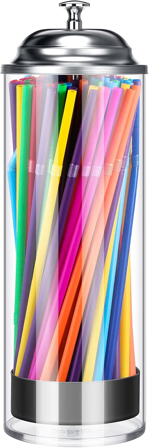 Patelai Straw Holder Dispenser and 100 Pcs Straws Plastic Drinking Straw Organizer Container with Lid for Counter Party Transparent Straws Dispenser(Classic,Neon)