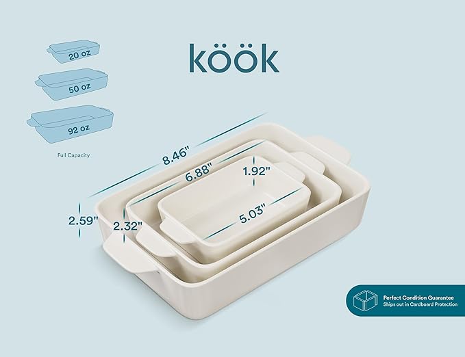Kook Casserole Dish, Ceramic Baking Dish, Large Lasagna Pan Deep for Oven, 8.5 x 14, 11 x 7, 8 x 5, Set of 3, 92oz, 50oz, 20oz, Baking Pan with Handles, Oven Safe and Durable, Home, Gift, (Cream)