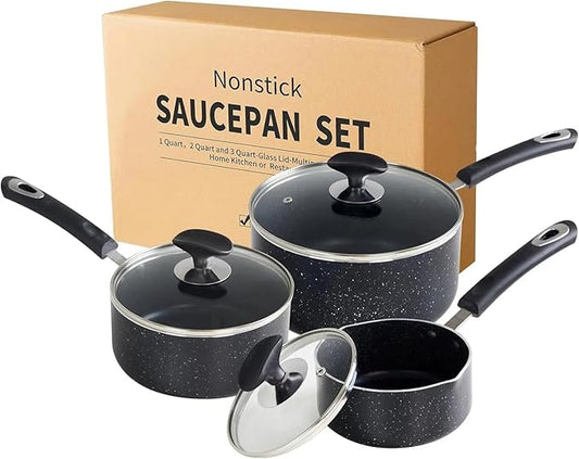 RATWIA Nonstick Saucepan Set - 3-Pieces Pot Set 1 Quart & 2 Quart & 3 Quart,Ultra Non Stick Sauce Pan Small Pot with Glass Lid,Great for Home Kitchen Restaurant,Black