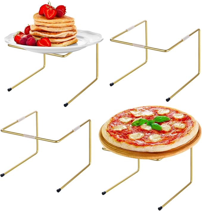 MyGift Brass Metal Pizza Table Stands, Tabletop Pizza Pan Riser Food Platter Tray and Display Rack, Set of 4