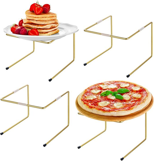 MyGift Brass Metal Pizza Table Stands, Tabletop Pizza Pan Riser Food Platter Tray and Display Rack, Set of 4