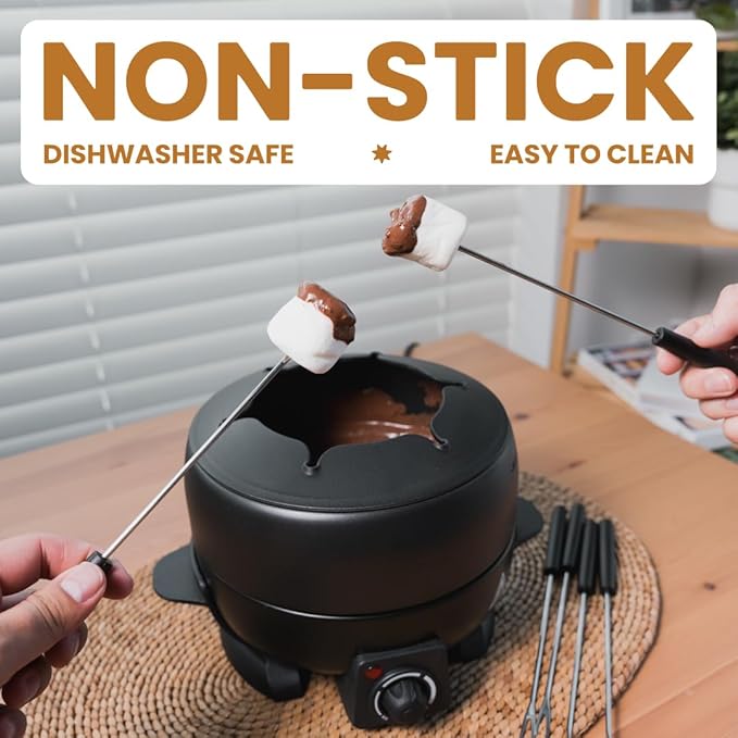 Electric Fondue Pot Set - 2-Liters Black Electric Pot with 6 Stainless Steel Fork - Temperature Control Ideal for Cheese, Caramel, Chocolate - Non-stick and Dishwasher Safe Fondue Pot Set by Stilaris