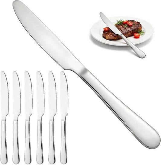 6 Piece Stainless Steel Dinner Knives Set, 9 Inch Table Knives with Mirror Polished Blade, Serrated Edge Cutlery for Kitchen, Dishwasher Safe - Ideal for Home, Restaurant, Gifting