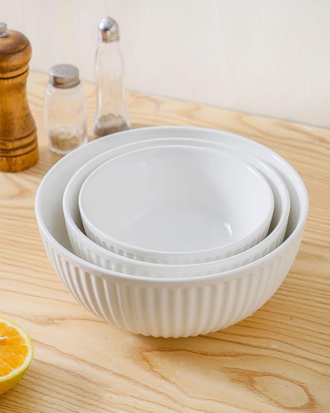 HASENSE Ceramic Ribbed Nesting White Bowls 1.5/1/0.5 Qt For Kitchen, Cooking, Baking and Serving Salad Bowls for Pasta, Small Mixing Bowls of 3, Modern Space Saving Dishes for Kitchen