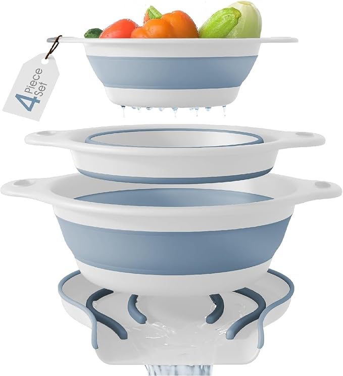 Collapsible Colanders (3 Pack Set) Food Strainers with Over-Sink Water Draining Base for Pasta Fruits and Vegetables, White/Blue (3 Sizes, 3QT, 4QT and 5 Quart)