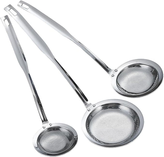 3Pack Fine Mesh Strainer, Metal Flat Skimmer Ladle Colander with Long Handle, Skimmer Cooking Basket for Kitchen food Strainer, Filtering Tea, Matcha, Cocktails, Juice (Small + Medium+ Large)