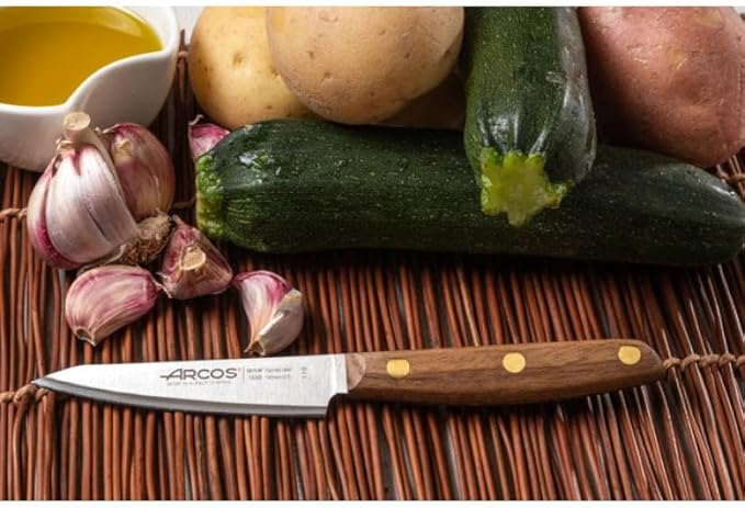 Arcos Paring Knife 4 Inch Stainless Steel. Professional Kitchen Knife for Peeling Fruits and Vegetables. Ovengkol Wood Handle 100% natural FSC and 100mm Blade. Series Nordika. Color Brown