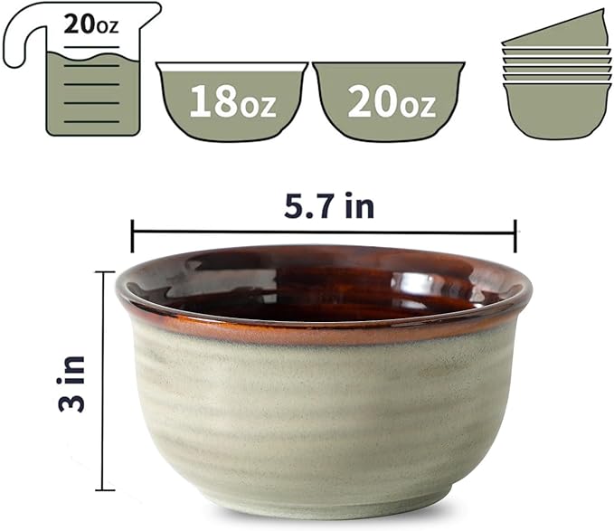 MEKY 20OZ Cereal Bowls Set of 6, Ceramic Soup Bowls for Kitchen, Serving Bowls for Oatmeal Ice Cream Pasta Rice Salads Desserts, Modern Durable Reusable Bowls for Daily Meals & Everyday Use, Brown
