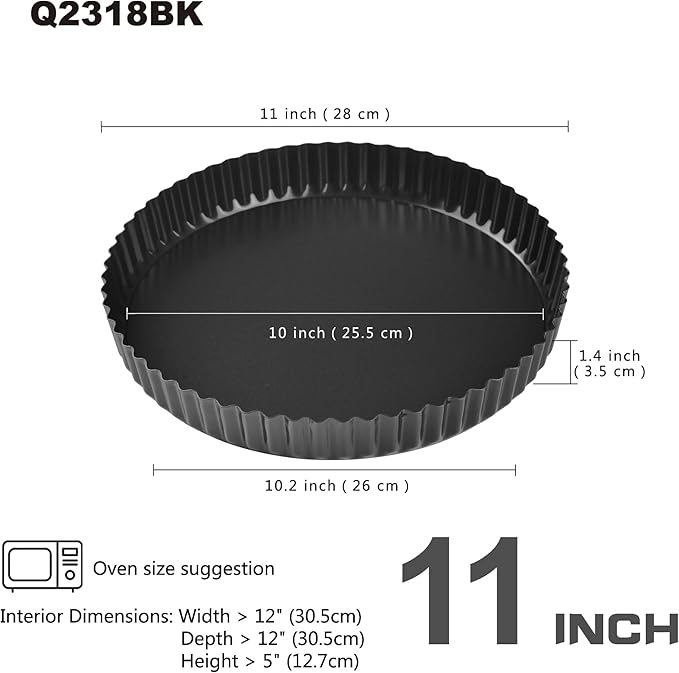 Bakeley 11-Inch Round Tart Pan with Loose Removable Bottom, Non-Stick Carbon Steel Quiche Pan for Oven Baking (Black)
