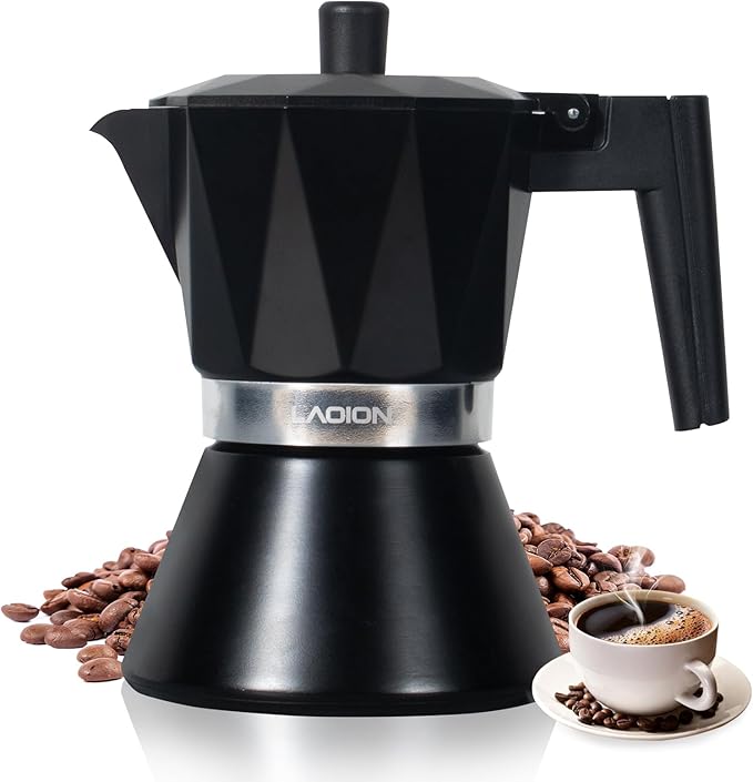 LAOION Moka Pot, 6-Cup Espresso Maker, 300ml Portable Stovetop Espresso Maker, Percolator Coffee Pot Compatible with Induction Cooktops, Suitable for Home and Camping (Black)