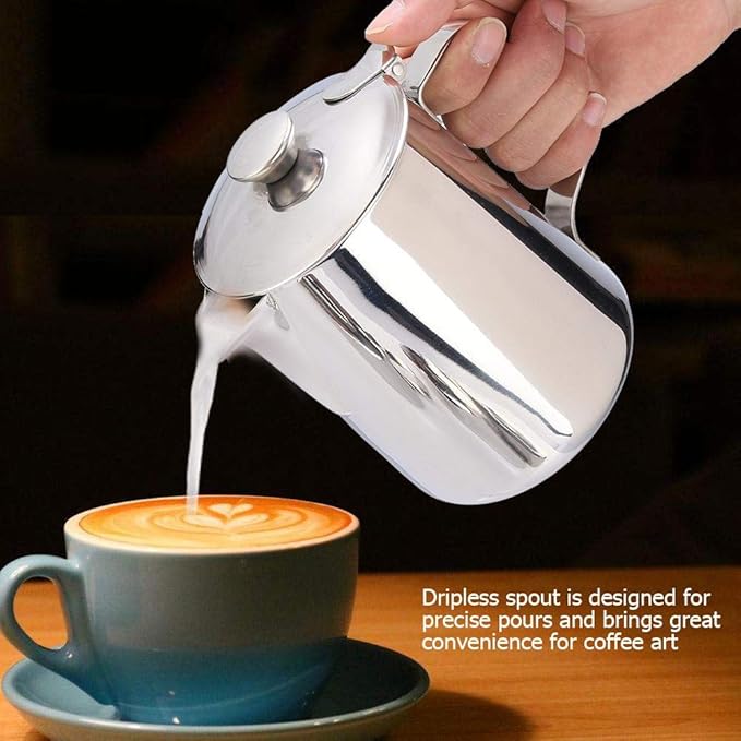 Milk Frothing Cup, Stainless Steel MugPitcher Jug with Lid Latte Coffee Art Tool for Home Cafe Bar Restaurant Hotel(1000mL)