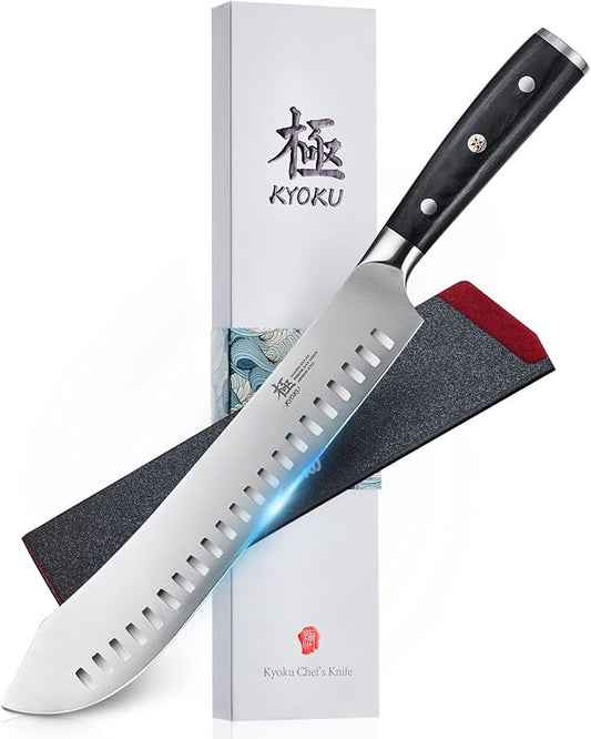 KYOKU 10" Bullnose Butcher Knife, Samurai Series Butcher Knife for Meat Cutting Chopping with Pakkawood Handle, Japanese Style High Carbon Steel Kitchen Knife for Professional Chef with Sheath & Case