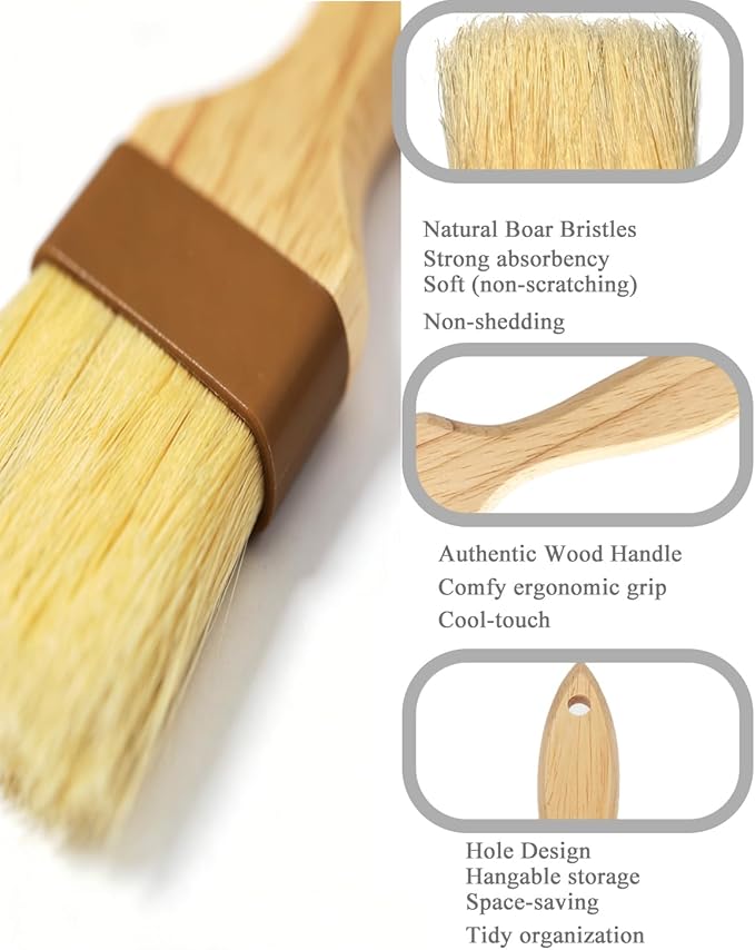 Pastry Brush - Food Basting Brushes, Non-Shedding Natural Boar Bristle, Heat Resistant Wooden Handle, Durable Kitchen Tool for Baking, Cooking, Butter, Egg Wash, Glazing, Oil, Sauce (1", 1 pc)
