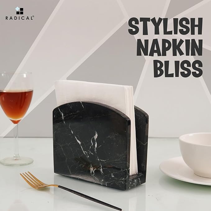 Radicaln Marble Napkin Holder 5.5" Inch Black Handmade Serviette Holder - Kitchen Table Top Decor, Napkins For Coffee Table, Cocktail Napkin Holder