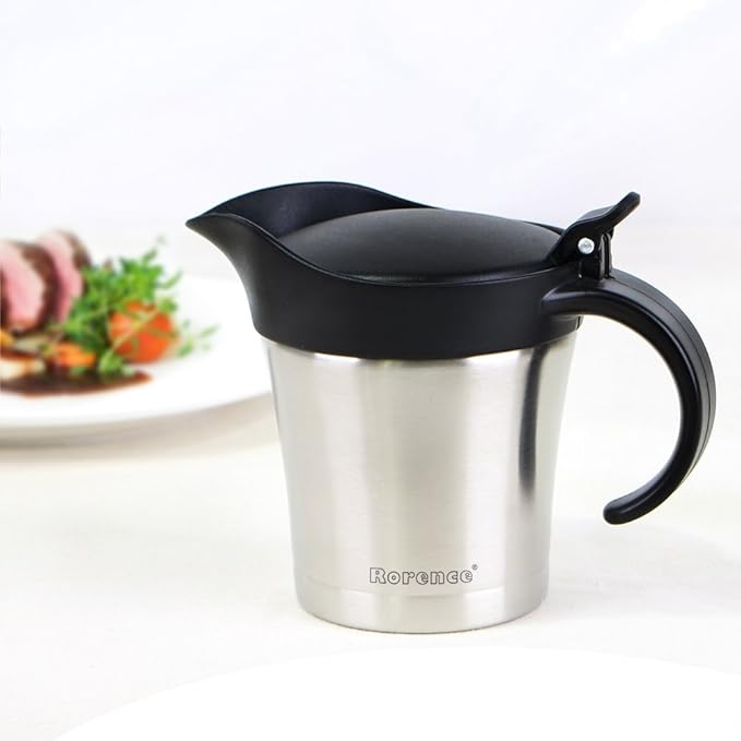 Rorence Stainless Steel Double Insulated Gravy Boat With Lid/Sauce Jug 16 Ounce Capacity