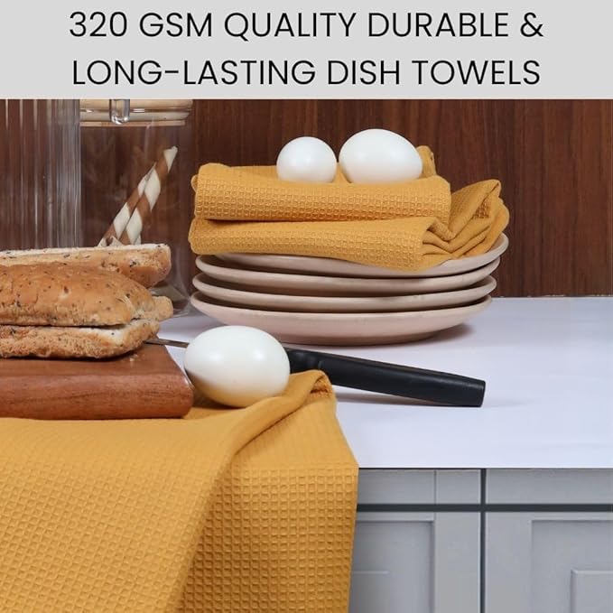 Waffle Kitchen Towels 100% Cotton Set of 4-320 GSM Quality - Soft Absorbent Durable Washable Dish Cleaning Towel for Kitchen & Home - Quick Drying Dish Towel 16x26 inch Mustard Yellow