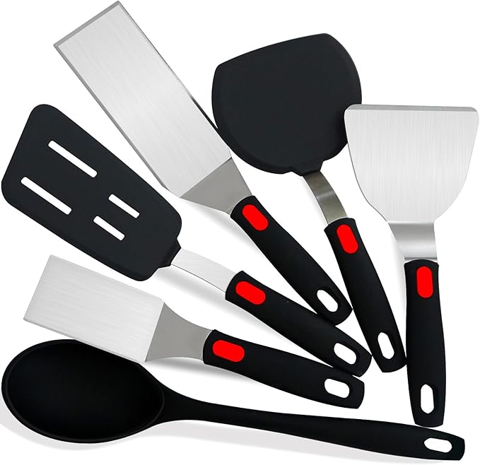 Professional 6-Piece Spatula Set - Hybrid Stainless Steel & Silicone Turner Set, 600°F Heat Resistant, Metal Spatulas for Griddle/Cast Iron & Nonstick Safe Silicone Tools for Egg, Pancake, Burger