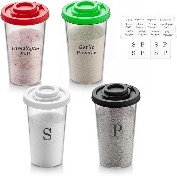 Plastic Salt and Pepper Shakers Set with 4 Color Lids & 20 Labels – Clear Spice Jars, Reusable, Refillable Seasoning Containers for Kitchen, Cooking, Baking – Easy Storage & Organization