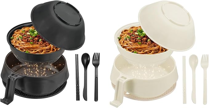 uxcell 2 Sets Microwave Ramen Bowl Set, Wheat Fiber Noodle Bowls Plastic Cooker with Lid Handle Fork Spoon Chopsticks for College Dorm Room Apartment, (Black/Beige)