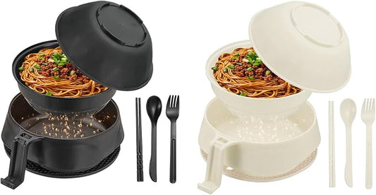 uxcell 2 Sets Microwave Ramen Bowl Set, Wheat Fiber Noodle Bowls Plastic Cooker with Lid Handle Fork Spoon Chopsticks for College Dorm Room Apartment, (Black/Beige)