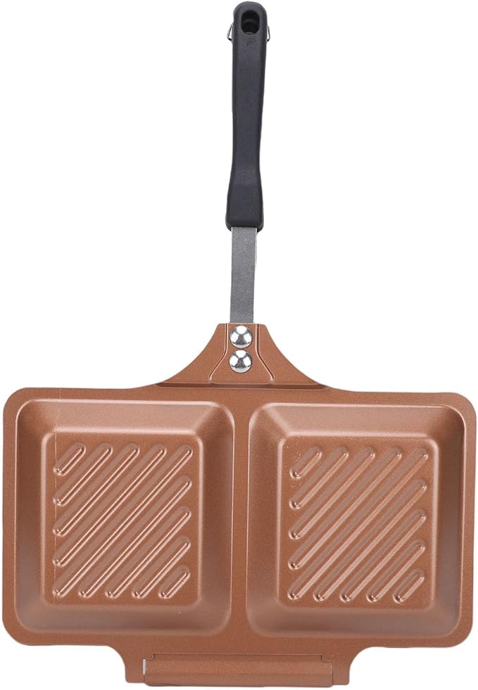 Rengue Grilled Panini Maker Pan, Iron Non Stick Coating, Fast Even Heating, Perfect for Breakfast Lunch and Outdoor Cooking (Gold)