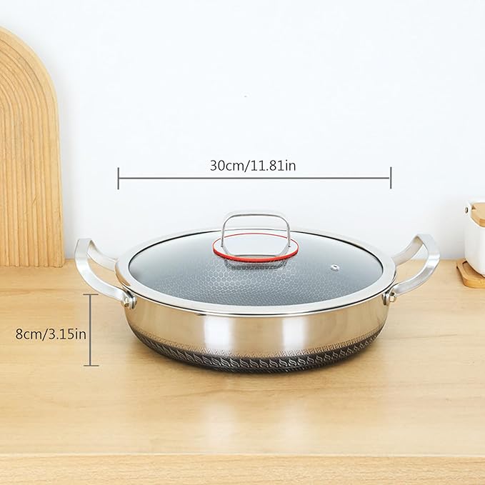 STEHEMO Hybrid Stainless Steel Saute Pan with Lid, Non Stick Frying Pans, Induction Large Skillet, Cooker Pan for Chefs, Dishwasher & Oven Safe,11.81IN