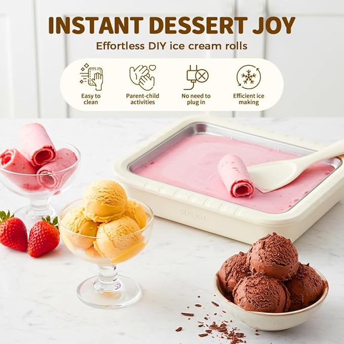 Rolled Ice Cream Maker Kit, 2026 New Stainless Steel Freeze Plate with 2 Scrapers, DIY Stir Fried Ice Cream Tray for Homemade Desserts, Perfect for Family Fun & Parties (White)