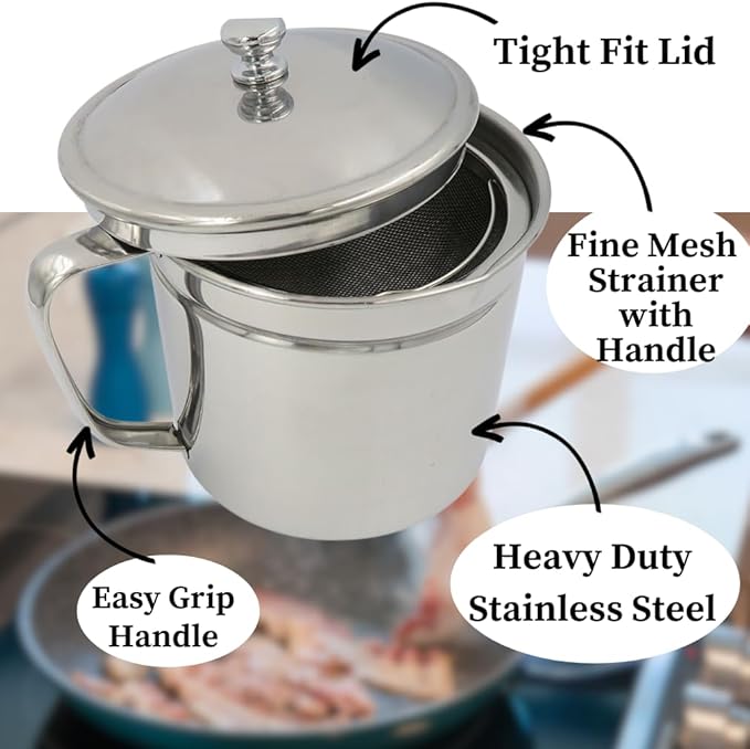 Evelots Cooking Oil Storage Can-Bacon Grease Keeper-2 Pack-Stainless Mesh Strainer-Easy Grip Handle-Large 5 Cup Fat Storage
