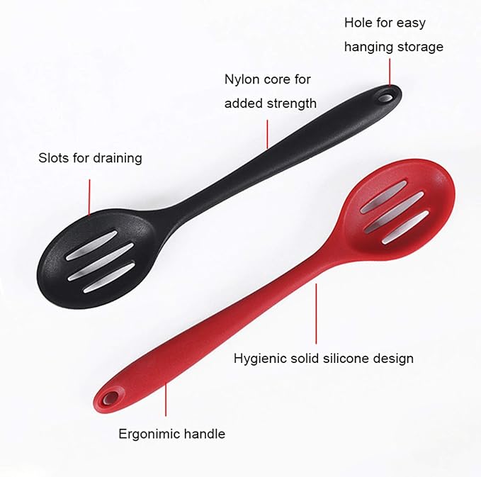 Silicone Nonstick Slotted Spoons Set 2,High Heat Resistant, Hygienic Design Cooking Baking Spoons Set for Cooking Stirring, Mixing and Serving,Red and Black with Color Box