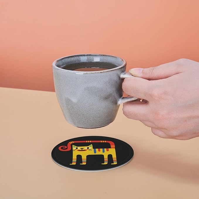 Cute Colorful Cat Leather Drink Coasters Set of 6 with Holder Round Cup Coaster for Table Decor