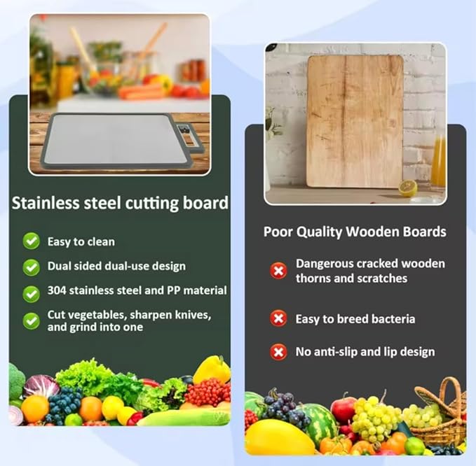 Double sided Stainless Steel Cutting Board with knife sharpner, Stainless steel/wheat Straw pp Kitchen Chopping Board, Easy to Clean,juice grooves and Dishwasher Safe16"×11"