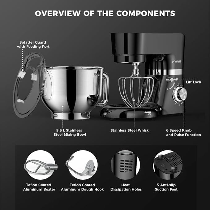 POWWA 6.5 Quart Electric Mixer, 6+1 Speed 660W Tilt-Head Kitchen Food Mixers with Whisk, Dough Hook, Mixing Beater & Splash Guard for Baking, Cake, Cookie, Kneading, ETL Certified (Black)