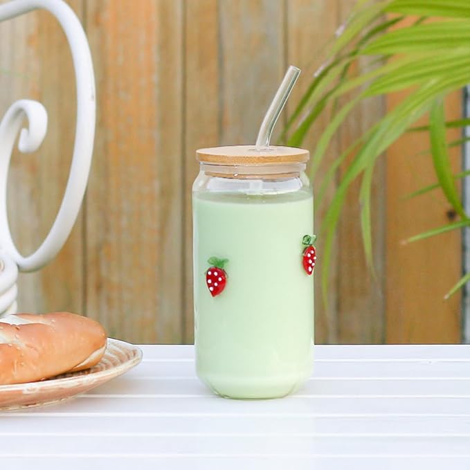 Coquette Aesthetic Can Glass Cup with Bamboo Lid and Straw, 16oz Cute Strawberry Tumbler for Smoothie, Iced Coffee Matcha Cup, Trendy Stuff Gifts for Women, Girl Gift
