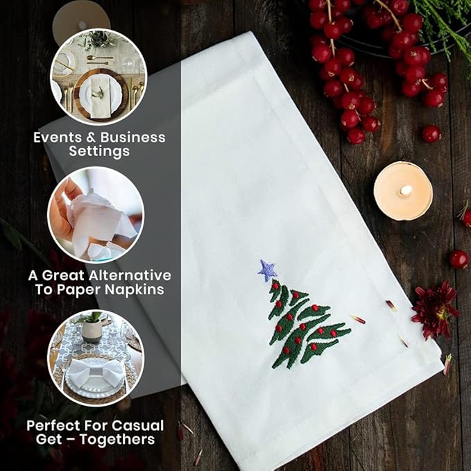 Christmas Cloth Napkins White Dining Table Dinner Napkins|Washable Cotton Napkins Easter Basket Decor|Christmas Tree Embroidered 18x18 in White Pk of 6 Cocktail Party Napkins