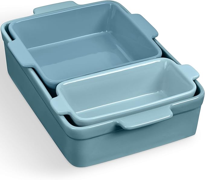 Best Choice Products 3-Piece Ceramic Bakeware Set, Stoneware Baking Dishes, Porcelain Casserole Bakeware Dishes, Serving Dishes - 9x12 Casserole, Loaf Pan, 8x8 Baking Dish - Cornflower Blue