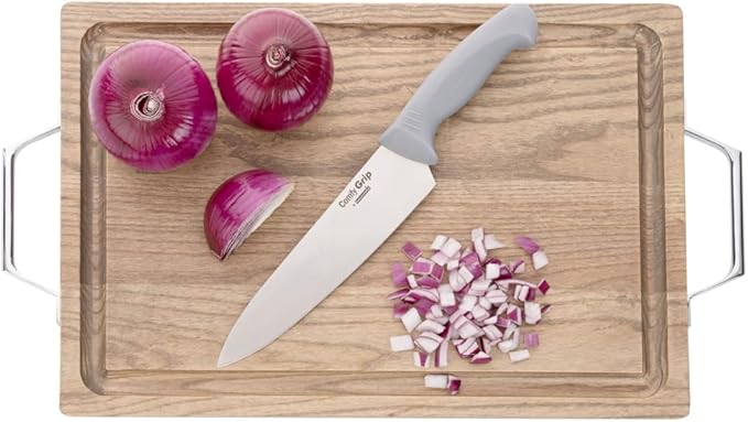 Restaurantware Comfy Grip 8 Inch Chef's Knife 1 Sharp Kitchen Knife - Ergonomic Handle Non-Slip Grip Gray Stainless Steel Cook's Knife Dishwashable Slice Dice Mince or Chop Ingredients