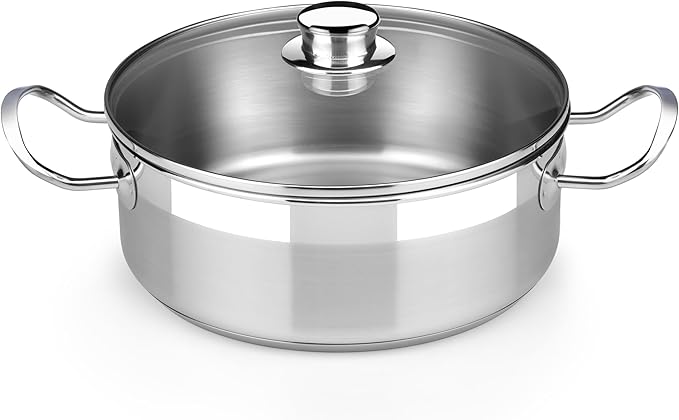 BRA COOKWARE Profesional 18/10 Stainless Steel Stock Pot w/Glass Lid | 9.5 Inch 4 Quart Professional Cooking Pot | 5.5mm Thick Base | PFOA Free Deep Pot | All Cooktops | All Cooktops & Oven Safe