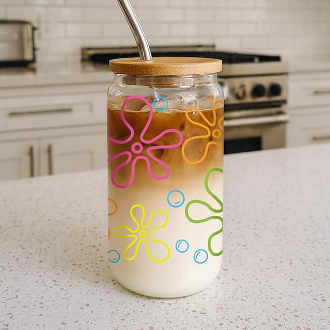 Yellow Cartoon Bubbles Glass Cups Gifts foe Women,Daughter,Friend,Ocean Bubbles and Flowers Glass Tumbler with Bamboo Lid and Straw,Birthday Thanksgiving,Christmas Gifts