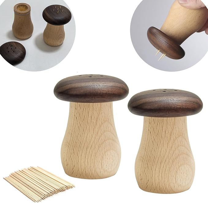 Cute Mushroom Toothpicks Holder with 390 Pcs Toothpicks, Cactus Toothpick Holder Dispenser for Home Kitchen Table Decor Accessories, Warm and Unique Gifts (1.Mushroom X 2)