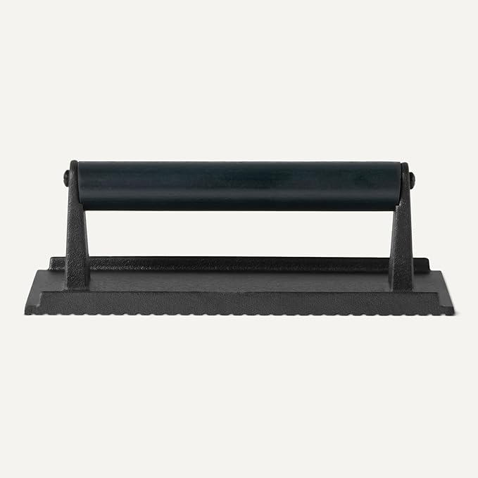 Amazon Basics Cast Iron Burger Press with Wooden Handle, Rectangle, 8.11 x 4.2 x 2.7 inch, Black, 1-Pack