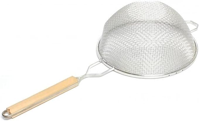 TrueCraftware- 10-Inch Double Medium Mesh Strainer Stainless Steel 10-3/4" Handle Length Wooden Handle- Kitchen Utensil Food Strainer Skimmer Spoon for Cooking Sieve Sifters Pasta Fruits Vegetable