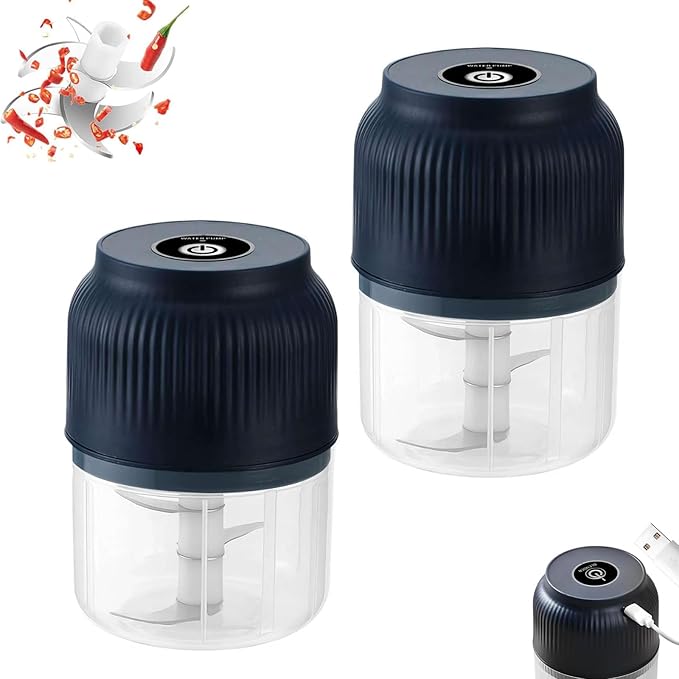 Electric Garlic Chopper, Mini Portable Veggie Chopper, Mini Portable Food Processor with 6 Blades & Egg Whisk, Veggie Grinder, For Onions Ginger Chili Nuts Meat (2pcsBlue)