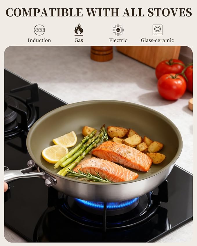Abijan 11inch Stainless Steel Pan, Non stick frying pan, 3-Ply Titanium pan, Induction cooking pan, Nonstick Omelette Skillet, PFOA/PFAS/PTFE Free, Compatible with All Cooktops, Oven Safe, Brown