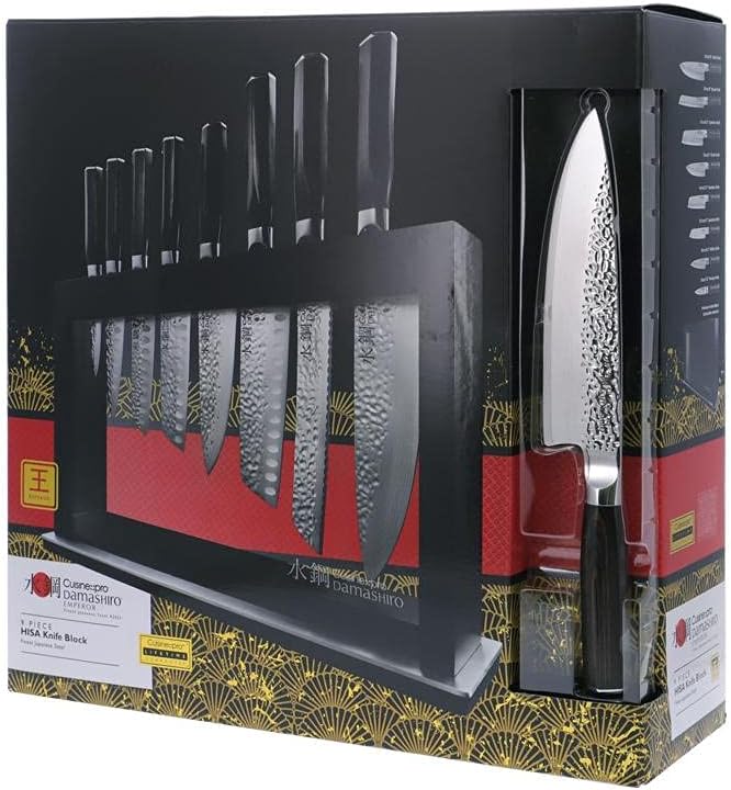 Cuisine::pro Damashiro Emperor Knife Block (Hisa, 9 Piece Set) Premium Japanese Steel Chef Knife Set with Tempered Glass Display, Hammered Tsuchime Blade, Damascus-Inspired Pattern