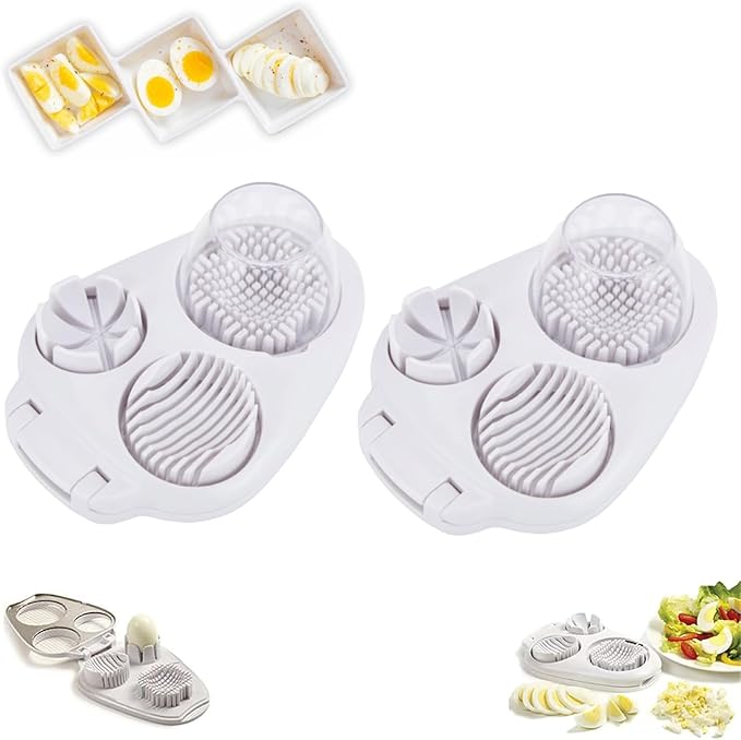 3 Way Egg Slicer for Hard Boiled Eggs, 3 in 1 Multi-Function Egg Slicer, Handy Heavy Duty Stainless Steel Egg Cutter, Kitchen Dicer Food Slicer for Strawberry Mushroom Grape Cherry Tomato (2pcs)