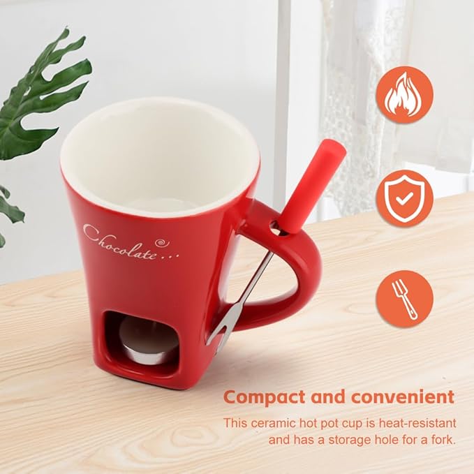 Chocolate Fondue Mugs, Chocolate Melting Cup Set with Forks Candle Warmer, Mini Ceramic Coffee Warmer Mug, Fondue Cups With Forks For Date Night Birthday Wedding Gifts (red)